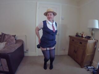 Step Mom Wearing Schoolgirl Uniform with Stockings & Suspenders