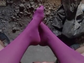 POV video of NightMiss feet in purple pantyhose giving sloppy handjob Porn Videos