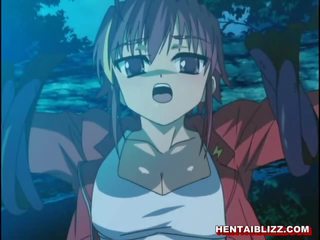 Busty anime cutie caught and licked her pussy