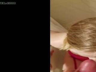 Pigtailed blond salope sur son les genoux obtient énorme faciale