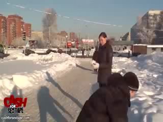 Dangerous public sex and Blowjob to keep warm