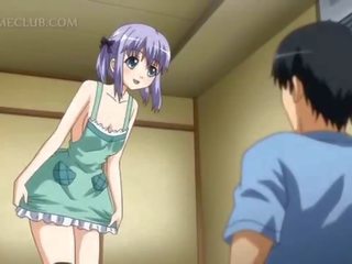 Shy hentai doll in apron jumping craving dick in bed