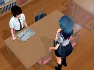 Lusty hentai murid wedok fucks big dildo in library