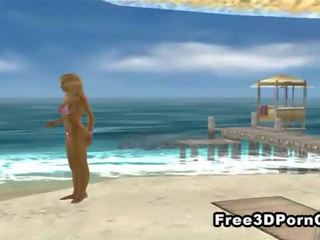 Seksi 3d karikatur rambut pirang onani di itu pantai
